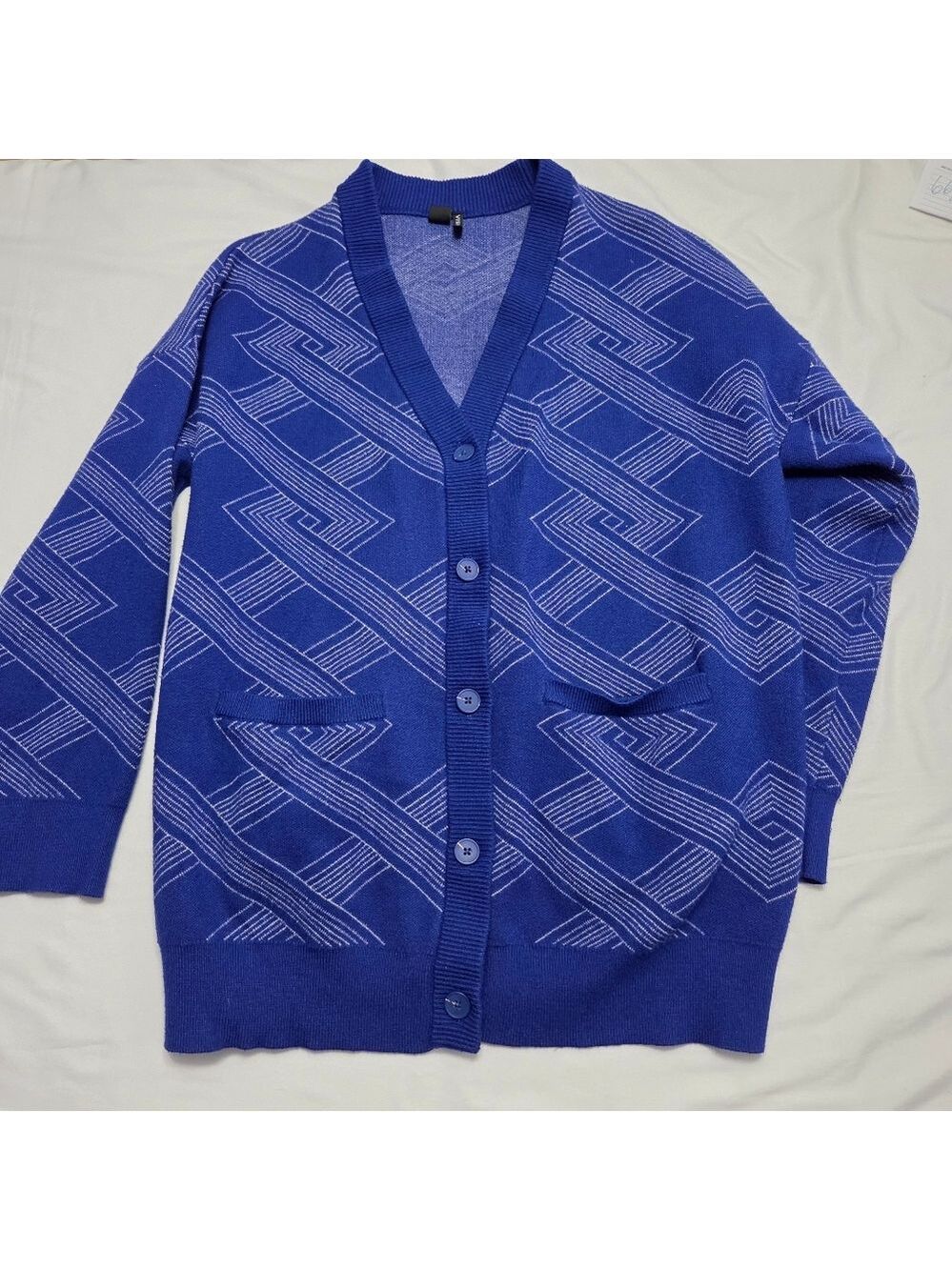Icône Simons Vision Geometric Knit Cardigan Blue White Button Front Size Large